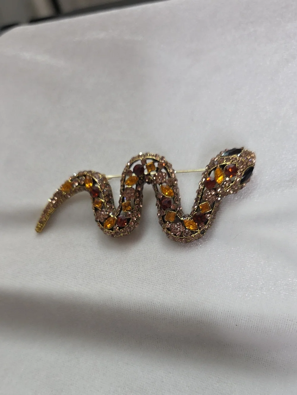 Women's Large Rhinestone Snake Brooch Pin Orange Amber Gold Rhinestones Elegant